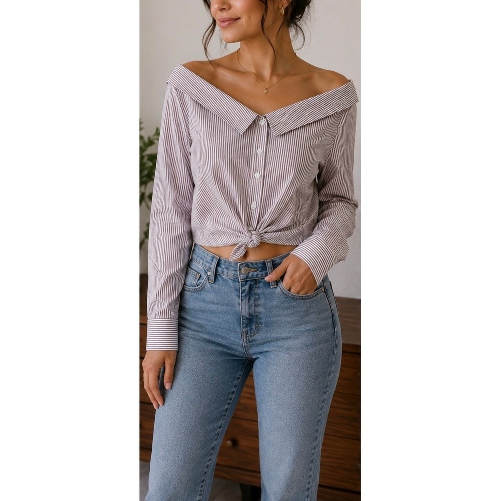 Womens Striped Off the Shoulder Front Tie Button Down Blouse Purple White Size-L